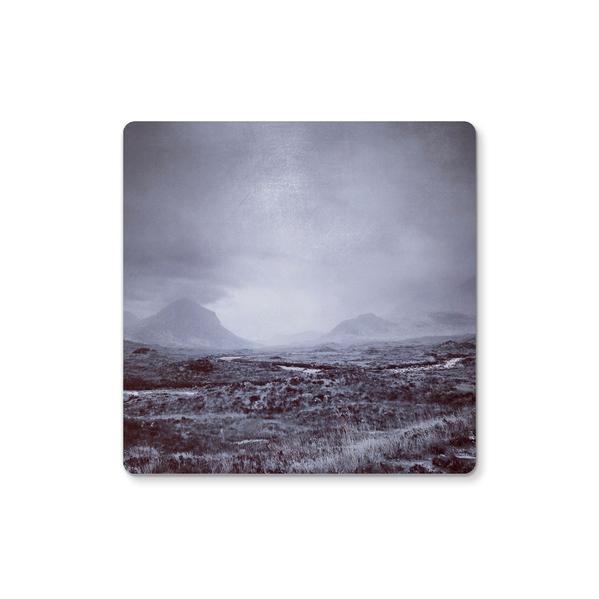 Gray and white The Brooding Cuillin coaster with mountain landscape design