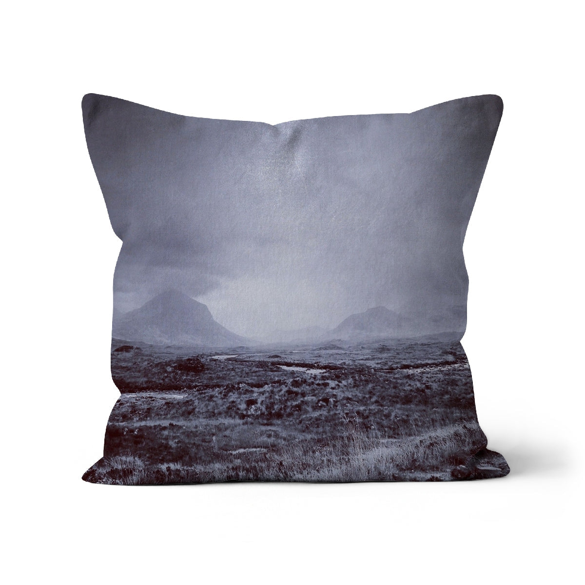 Gray and black Brooding Cuillin cushion with misty landscape design