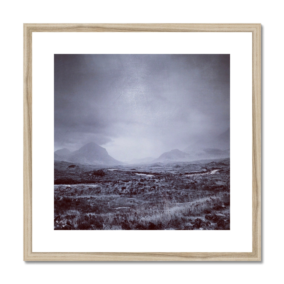 Brooding Cuillin wooden-framed art print with foggy mountainscape