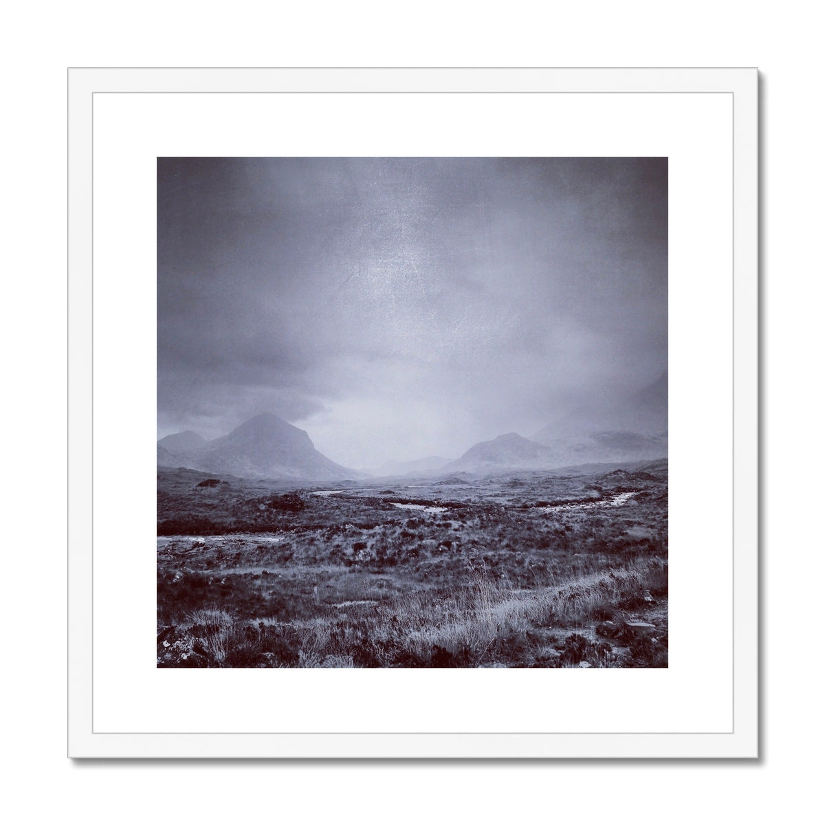 Black and white Cuillin mountains landscape print in white frame