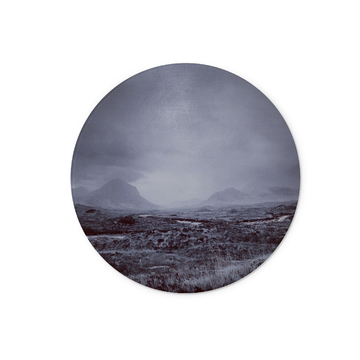Round misty Cuillin rocky landscape sticker on brooding glass chopping board