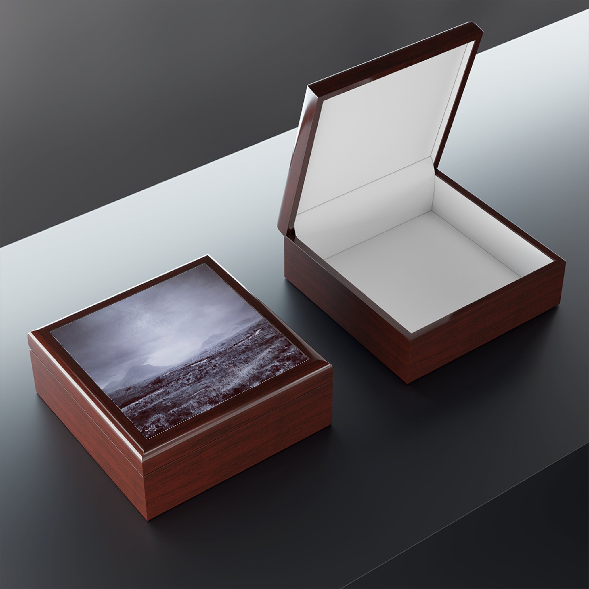 Brown wooden Brooding Cuillin jewelry box with glossy landscape lid