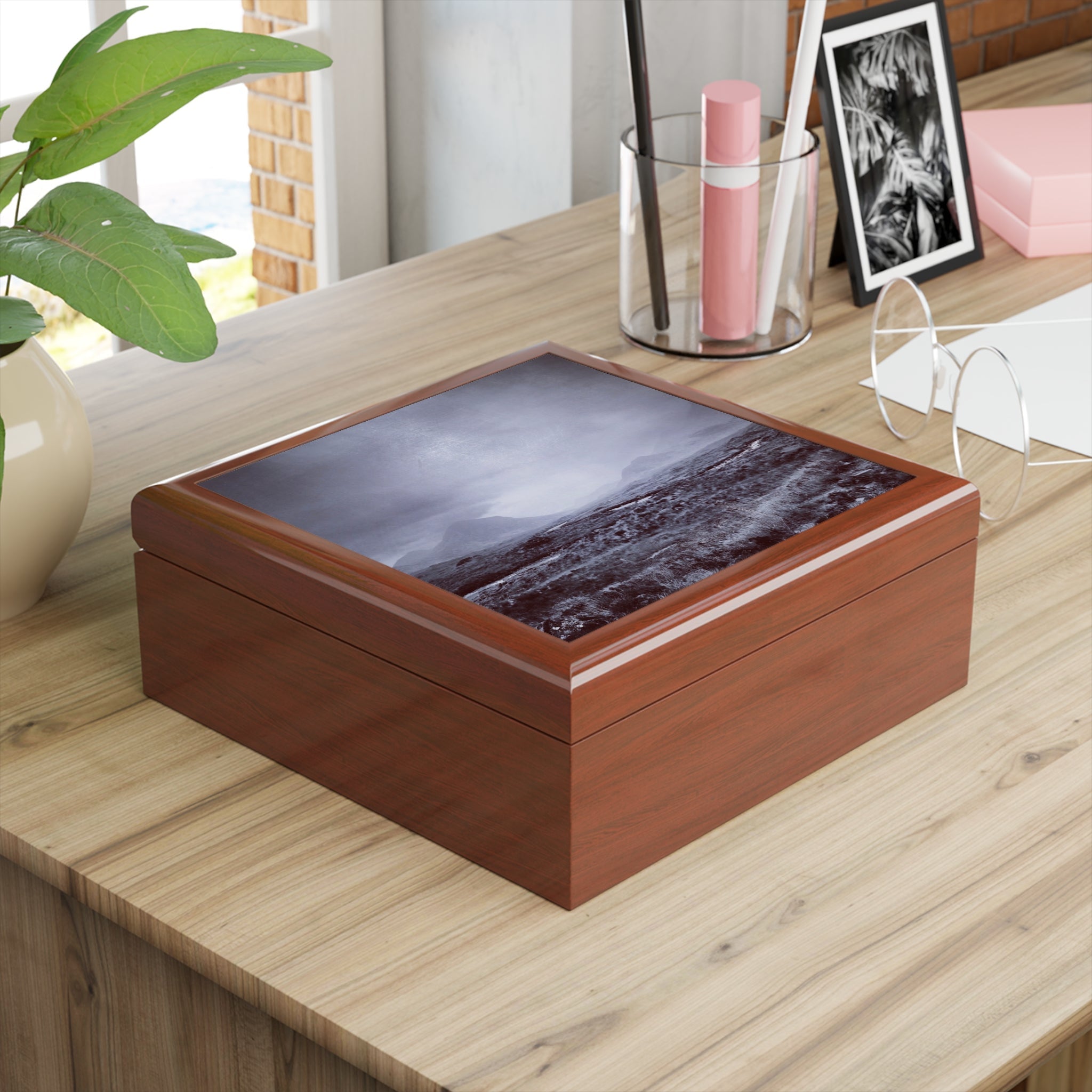 The Brooding Cuillin jewelry box with glossy brown wood and landscape lid