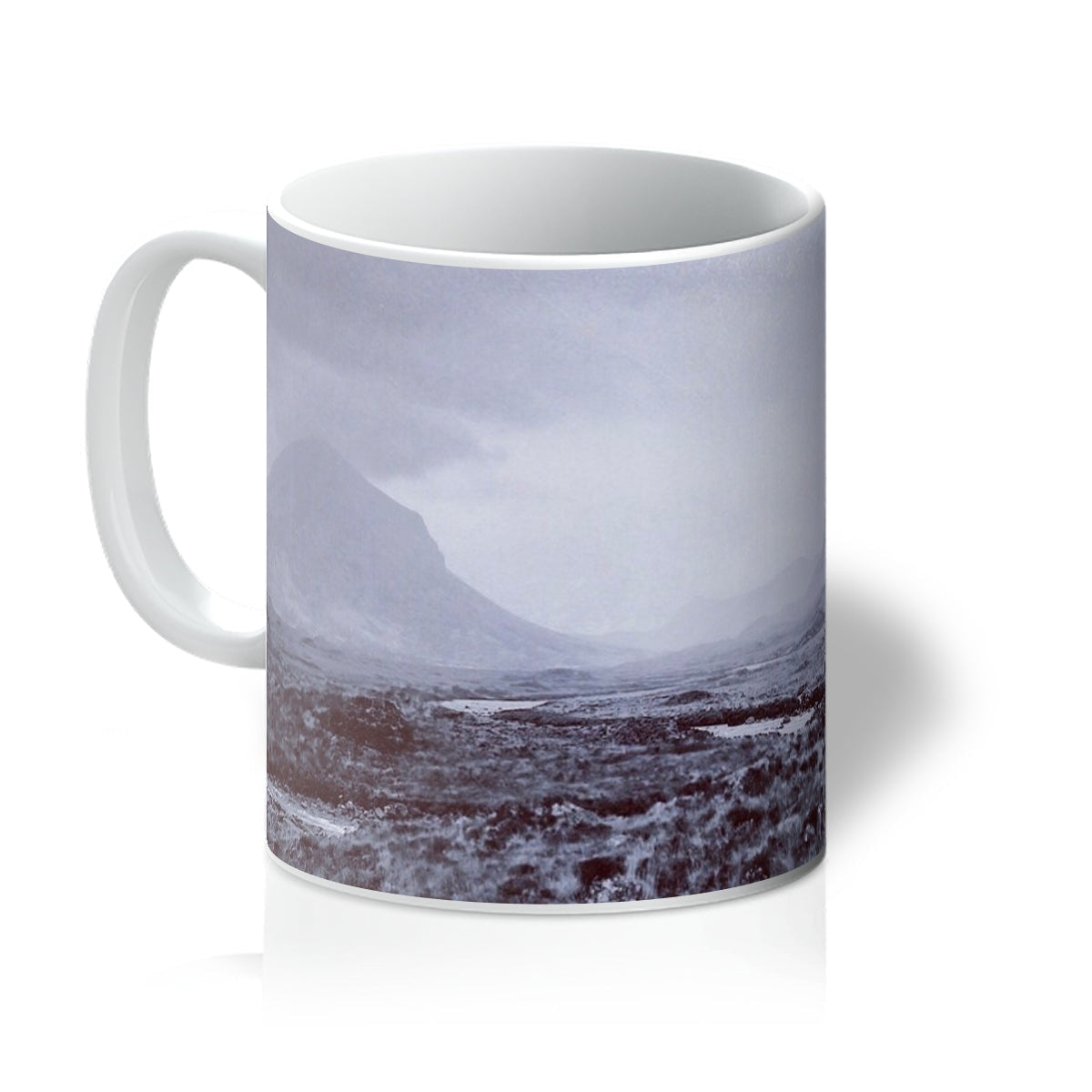 White Brooding Cuillin ceramic mug with misty gray mountain landscape