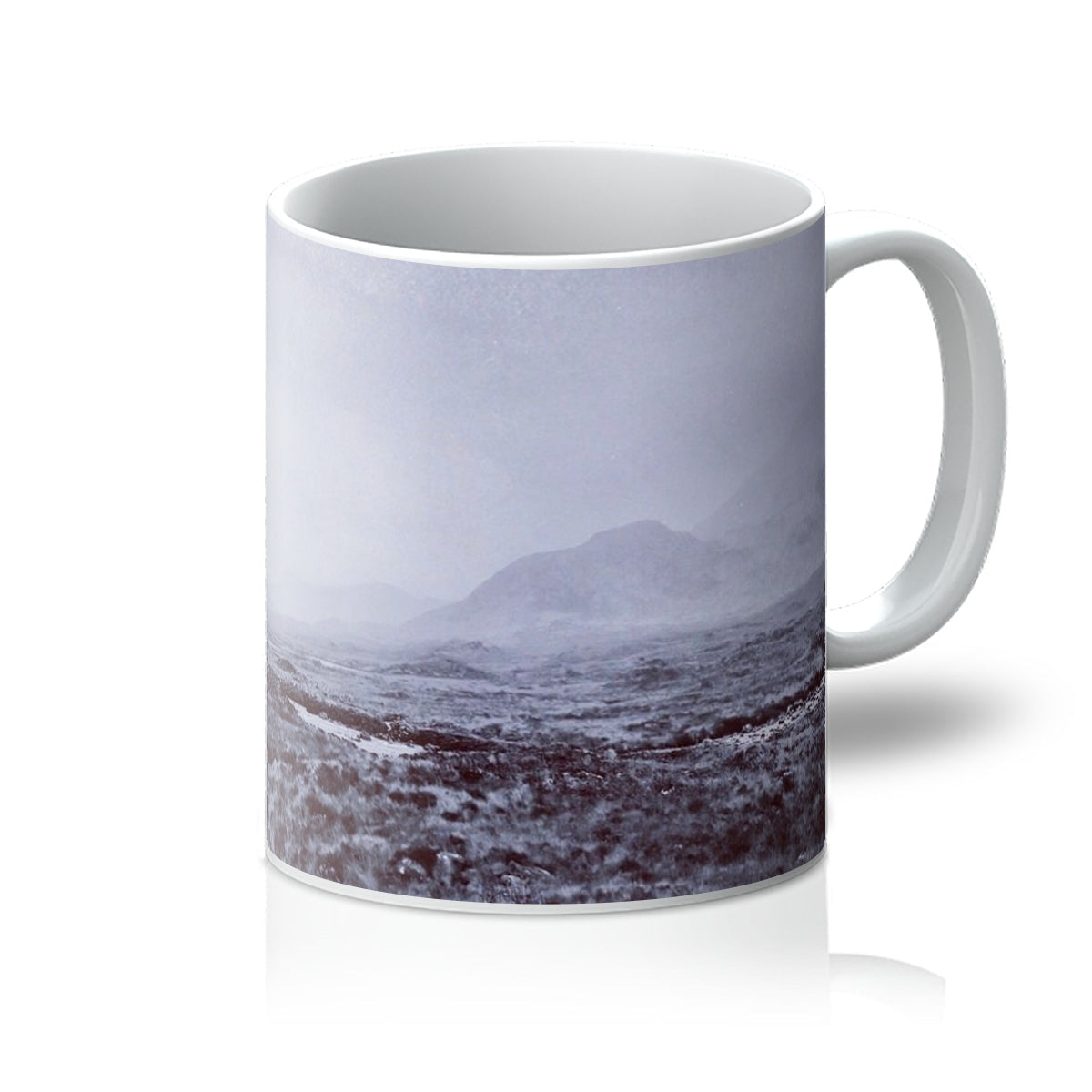 White Brooding Cuillin ceramic mug with foggy mountain landscape