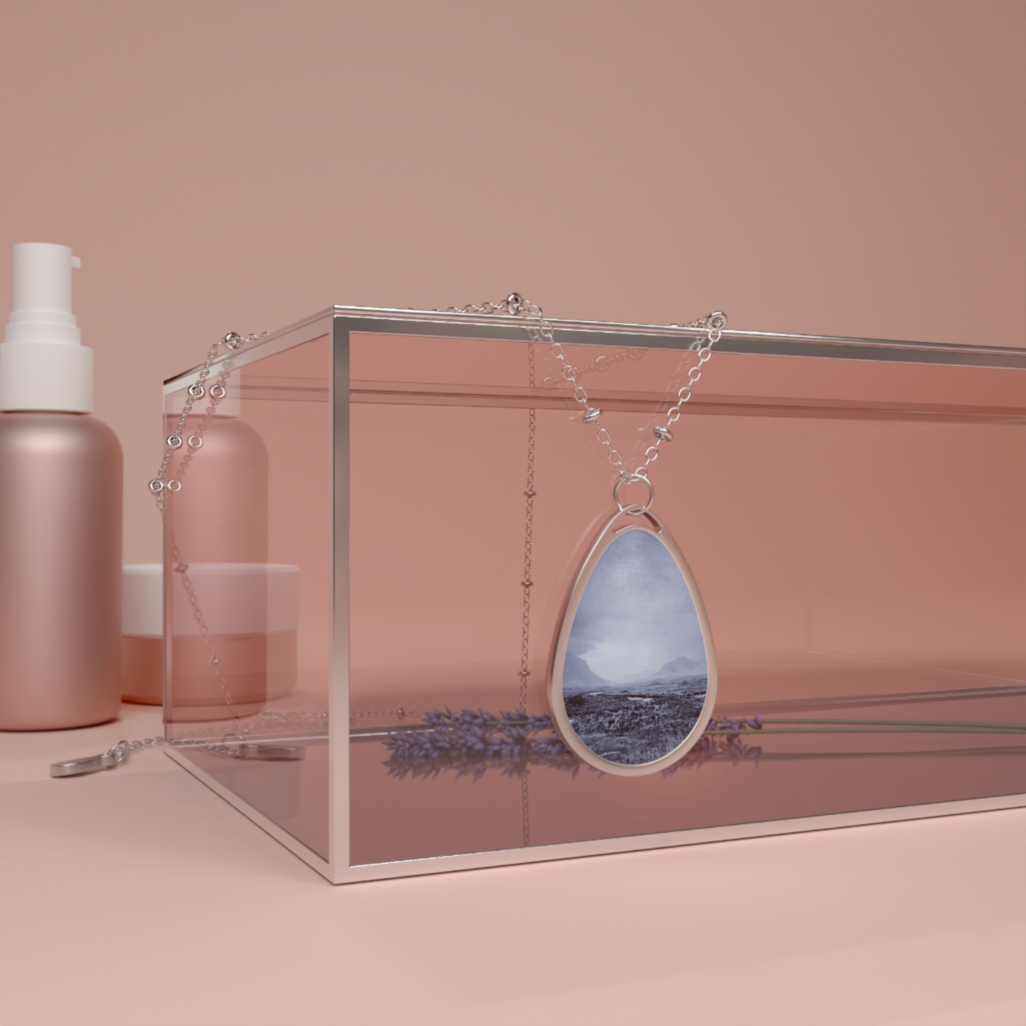 Silver teardrop pendant necklace with Brooding Cuillin landscape in resin