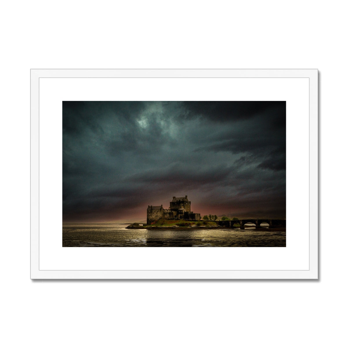 Eilean Donan Castle brooding dark stone wall art with dramatic sky print