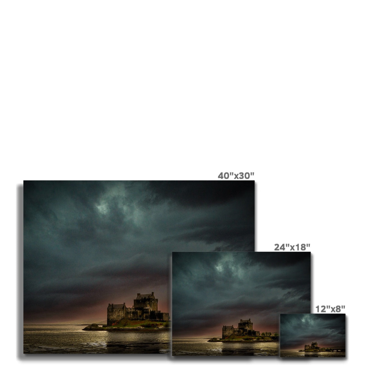 40x30 inch canvas print of brooding Eilean Donan Castle under stormy skies