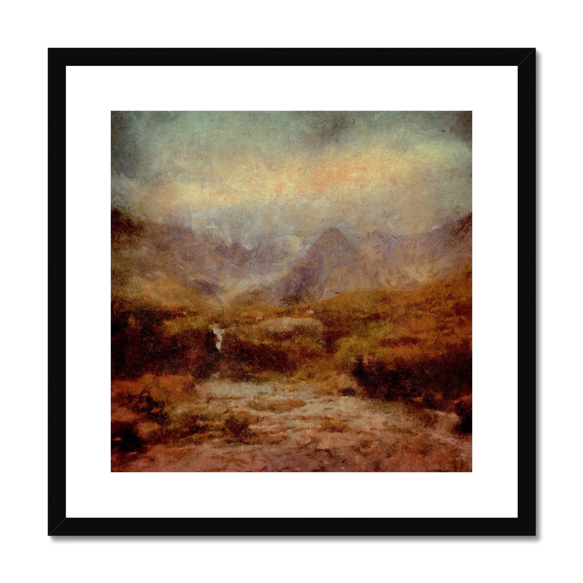Black-framed Brooding Fairy Pools art print of hazy impressionistic landscape