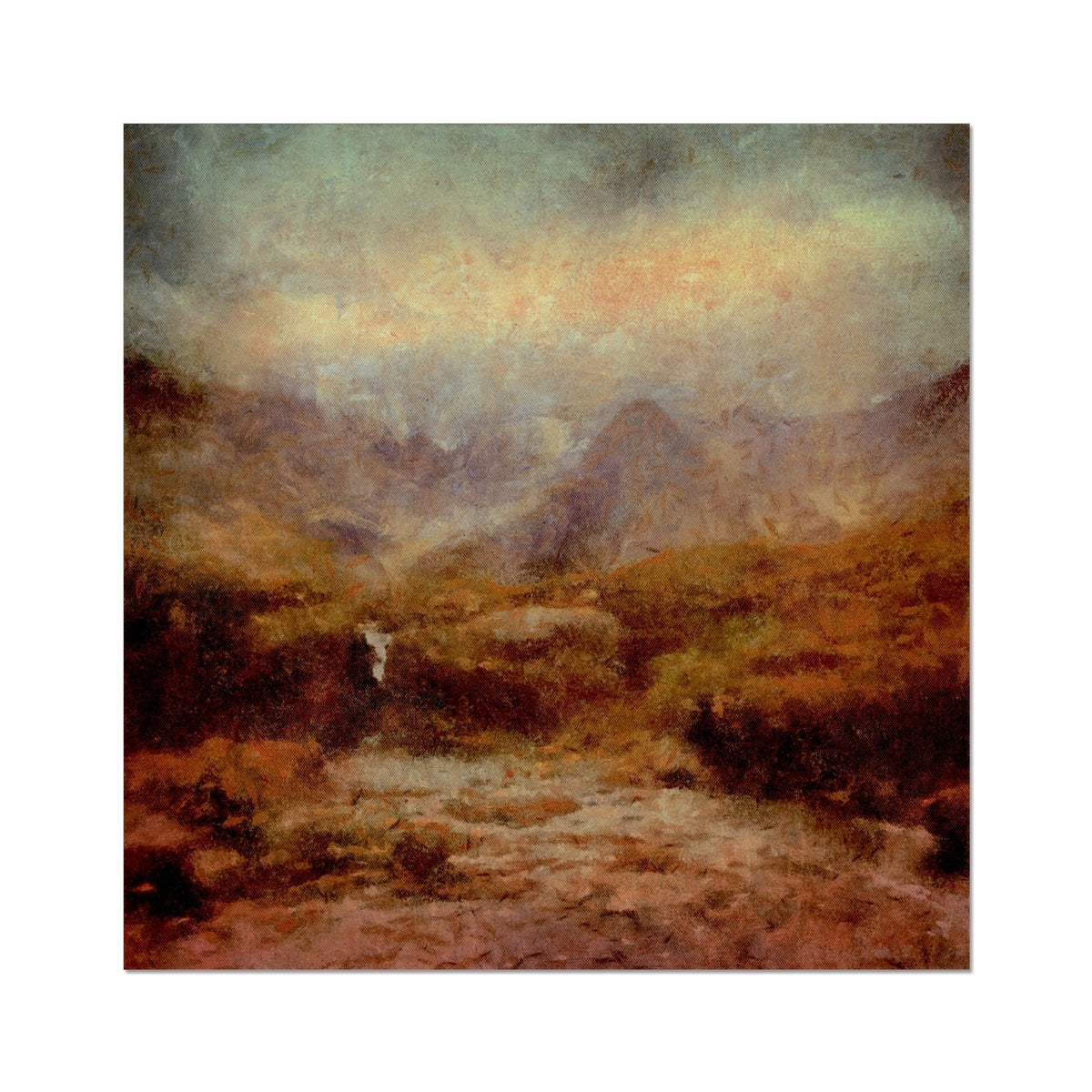Impressionistic misty mountains in The Brooding Fairy Pools print