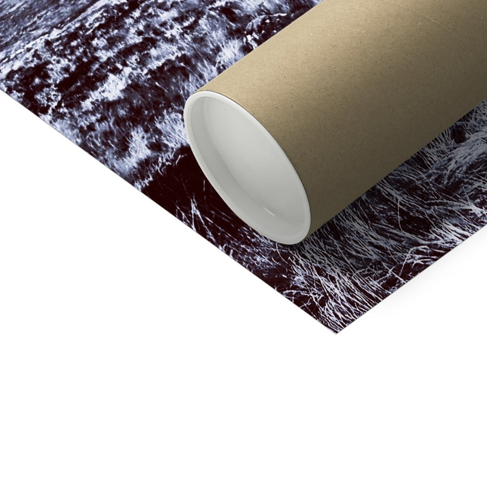 Brown cardboard tube with black and white fur-like wrapping for Brooding Glen Varagil Artist Proof print