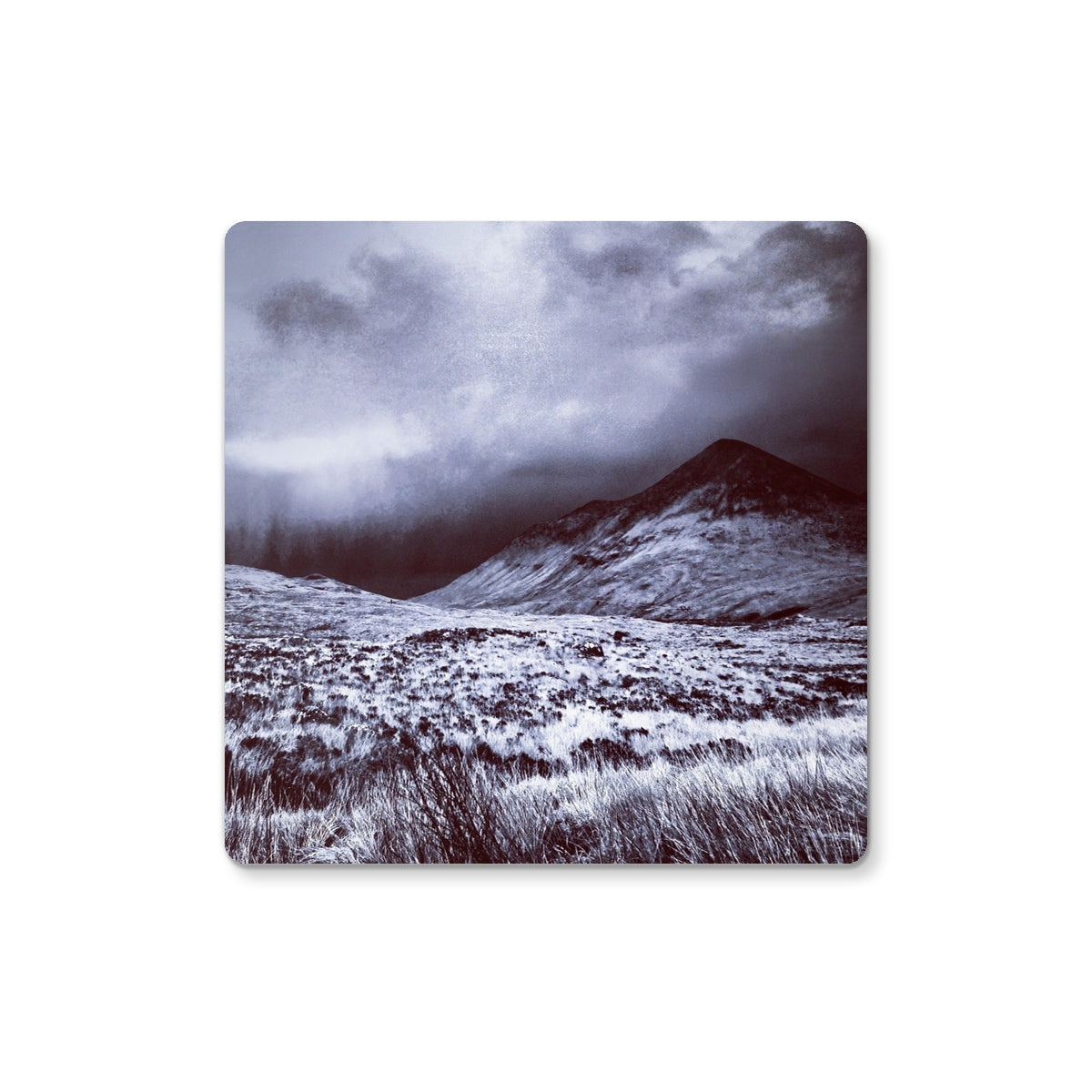 Winter landscape coaster with snowy mountains, grasses, and dark red accents