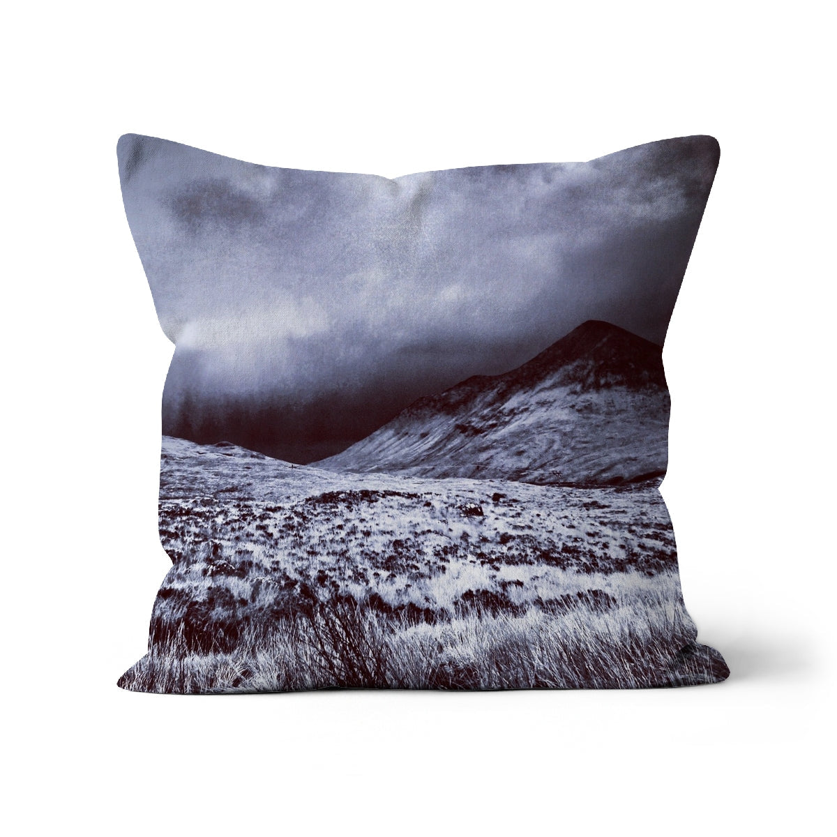 Black and white mountain landscape pillow cover with dark gray border, A Brooding Glen Varagil Cushion