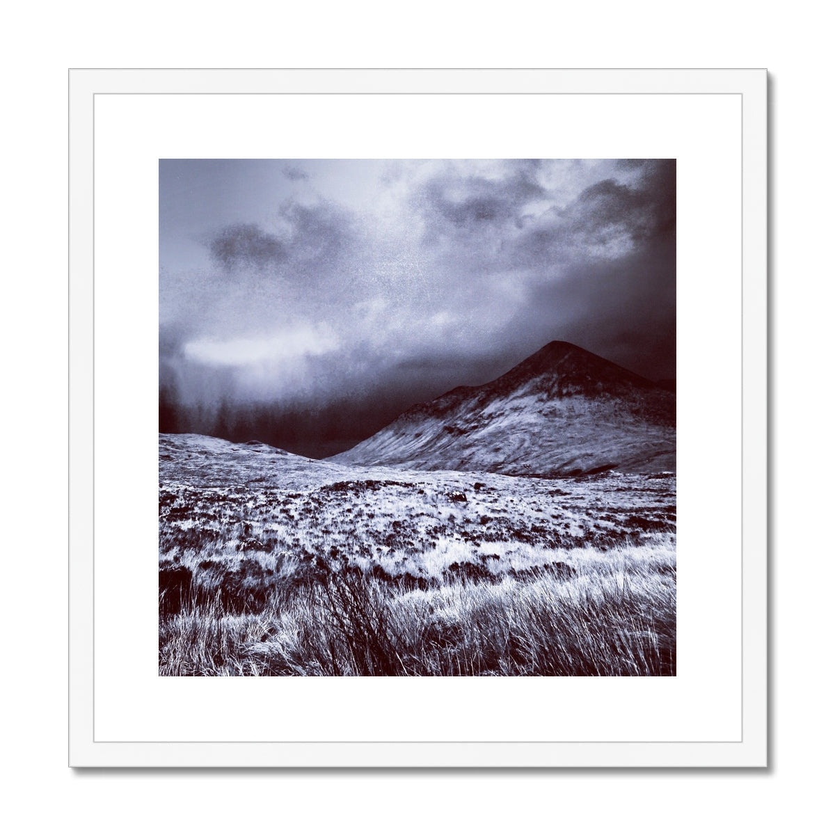 Black and white A Brooding Glen Varagil mountain print with dramatic sky