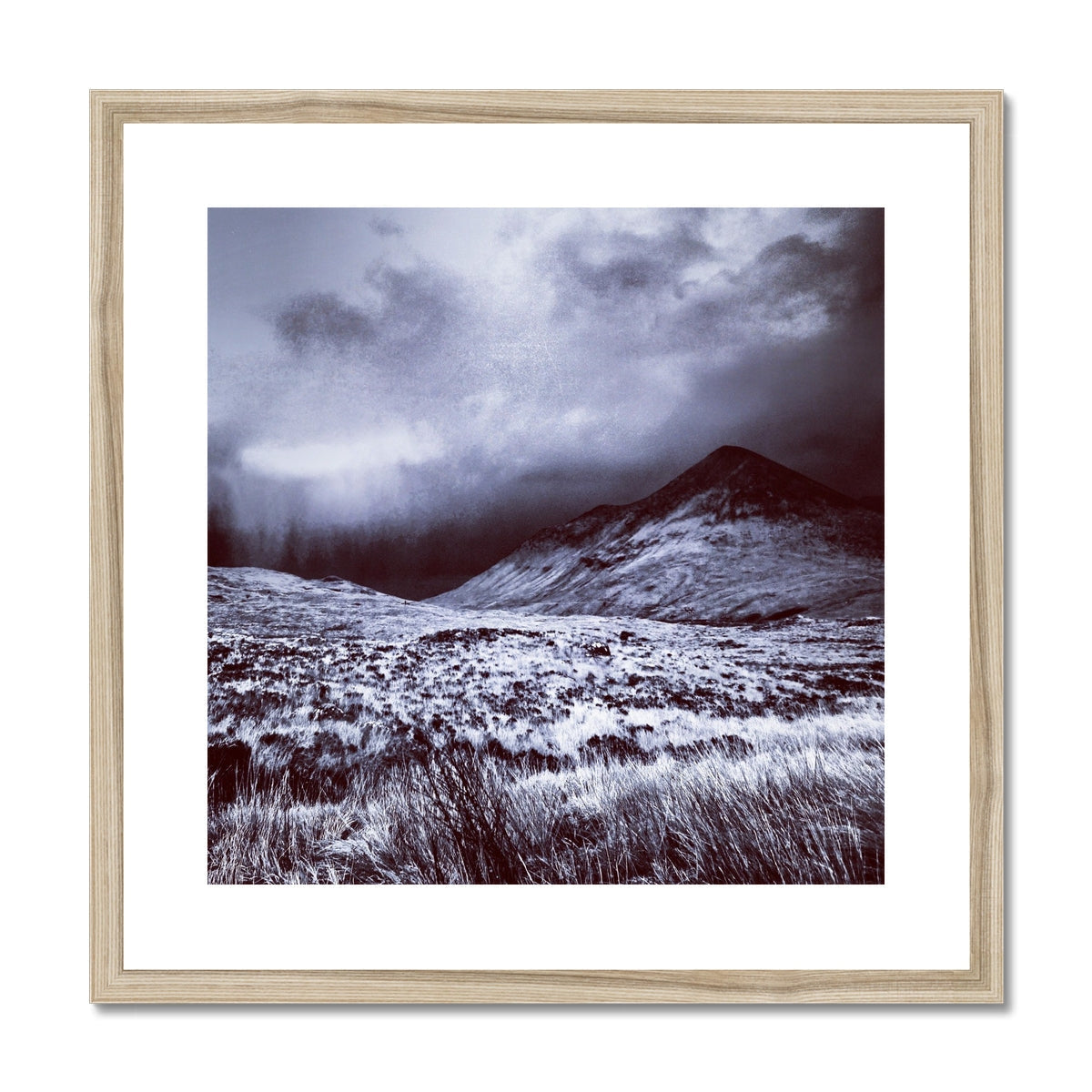 Wooden-framed black and white A Brooding Glen Varagil mountainous landscape print