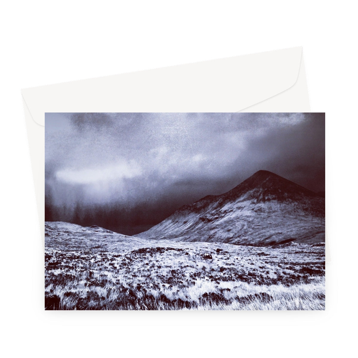 White envelope with snowy landscape photo for Brooding Glen Varagil card