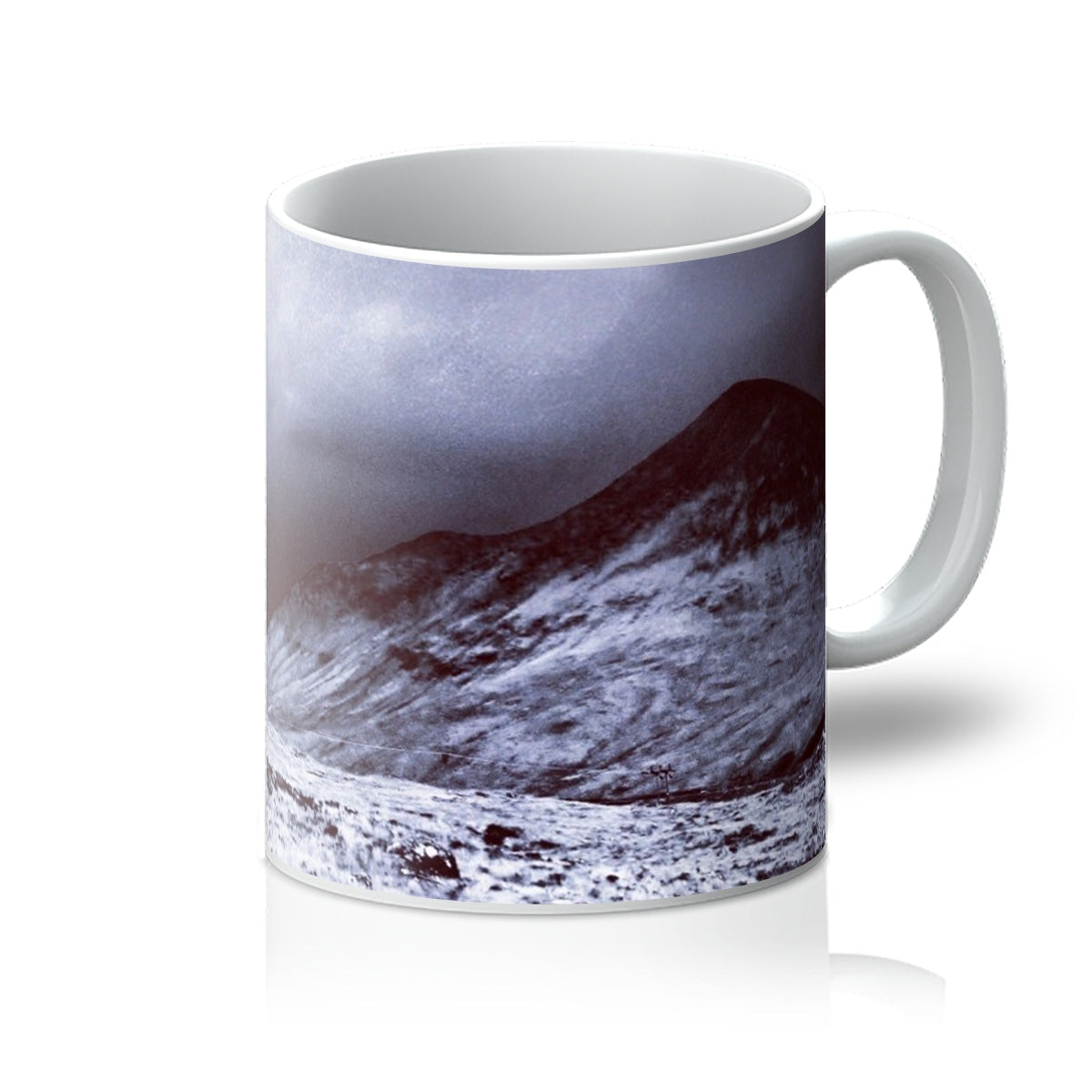 White ceramic Varagil mug with brooding glen mountain design