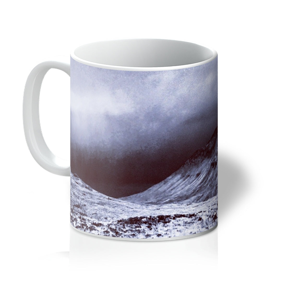 White ceramic A Brooding Glen Varagil Mug with ocean wave design in dark blue and gray tones