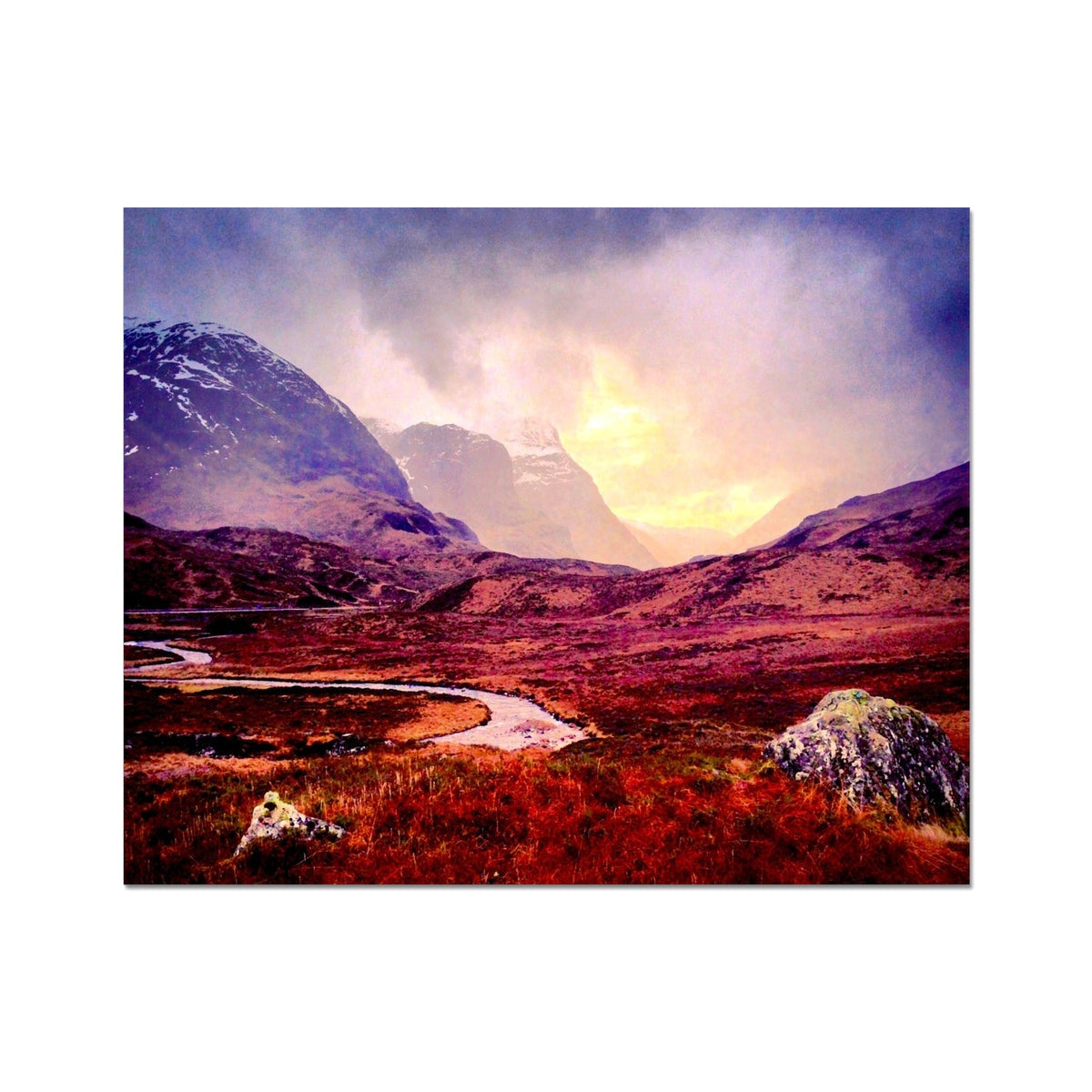 Vibrant red orange Glencoe mountains river rocks clouds art print