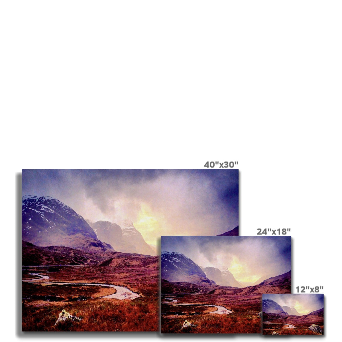 40x30 inch A Brooding Glencoe canvas print of dramatic purple orange mountains