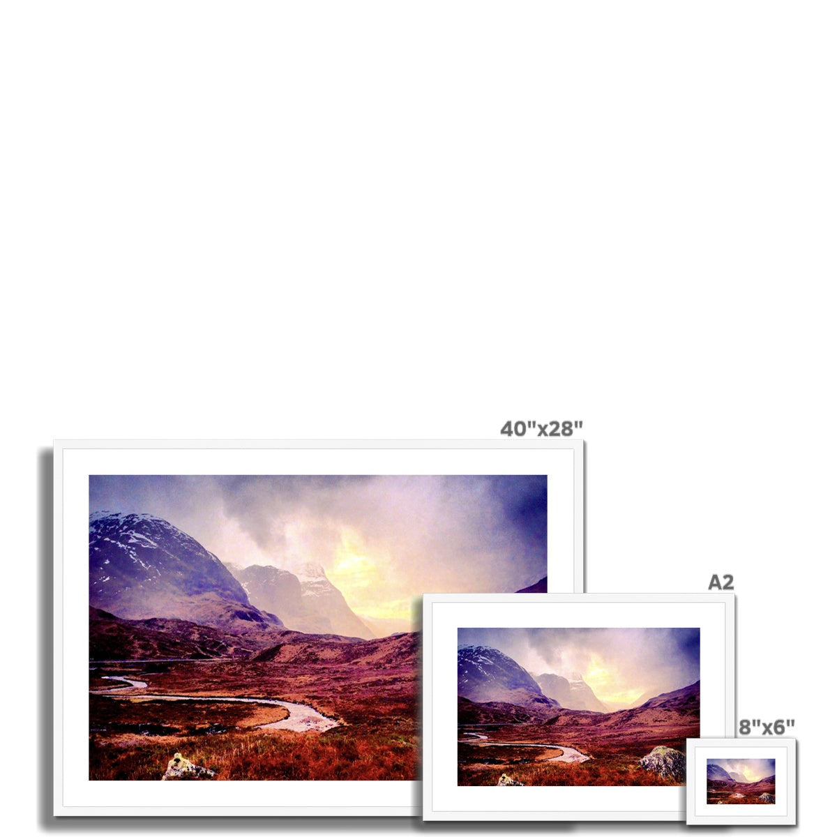 40x28 inch framed Brooding Glencoe landscape print in red purple hues