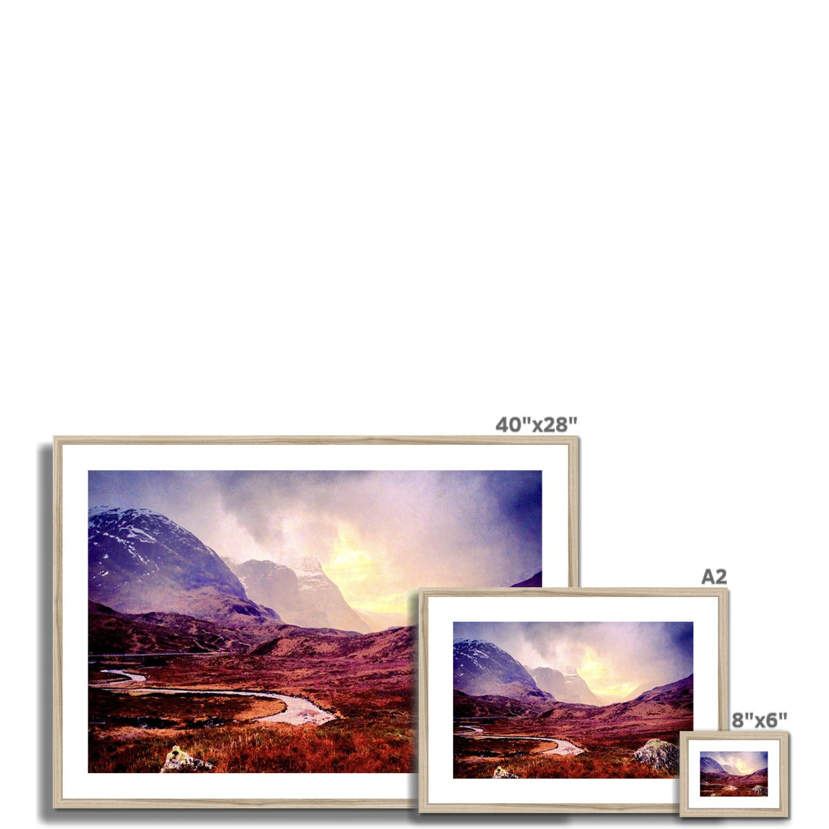 40x28 inch framed Brooding Glencoe landscape print with purple orange hues white frame