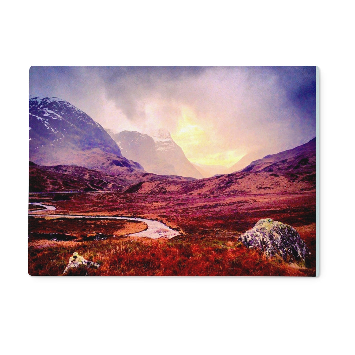 Purple orange mountain landscape with winding river on Glencoe chopping board
