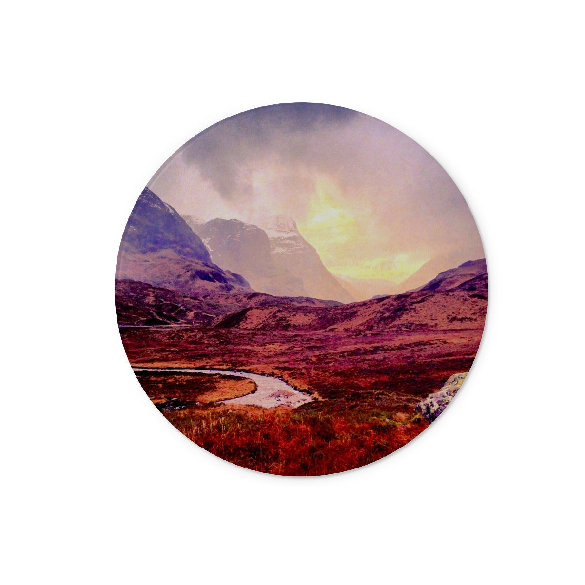 Round A Brooding Glencoe mountain sticker with red purple hues