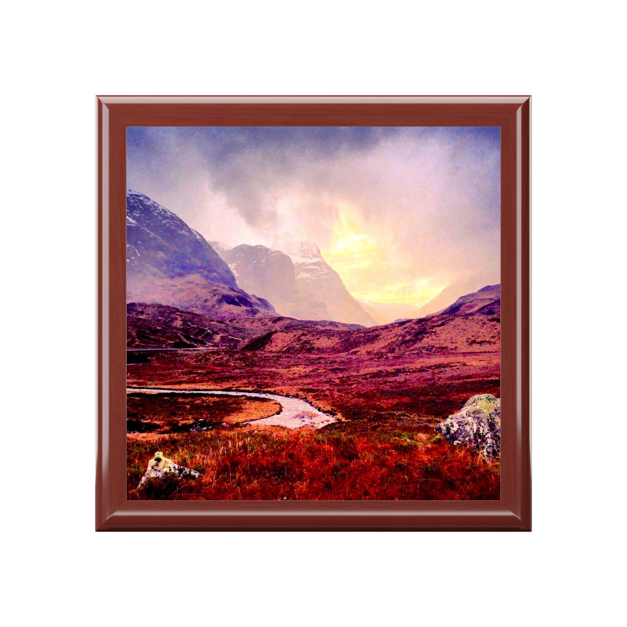 Red and yellow landscape tile coaster with brown frame in A Brooding Glencoe Jewellery Box Scotland