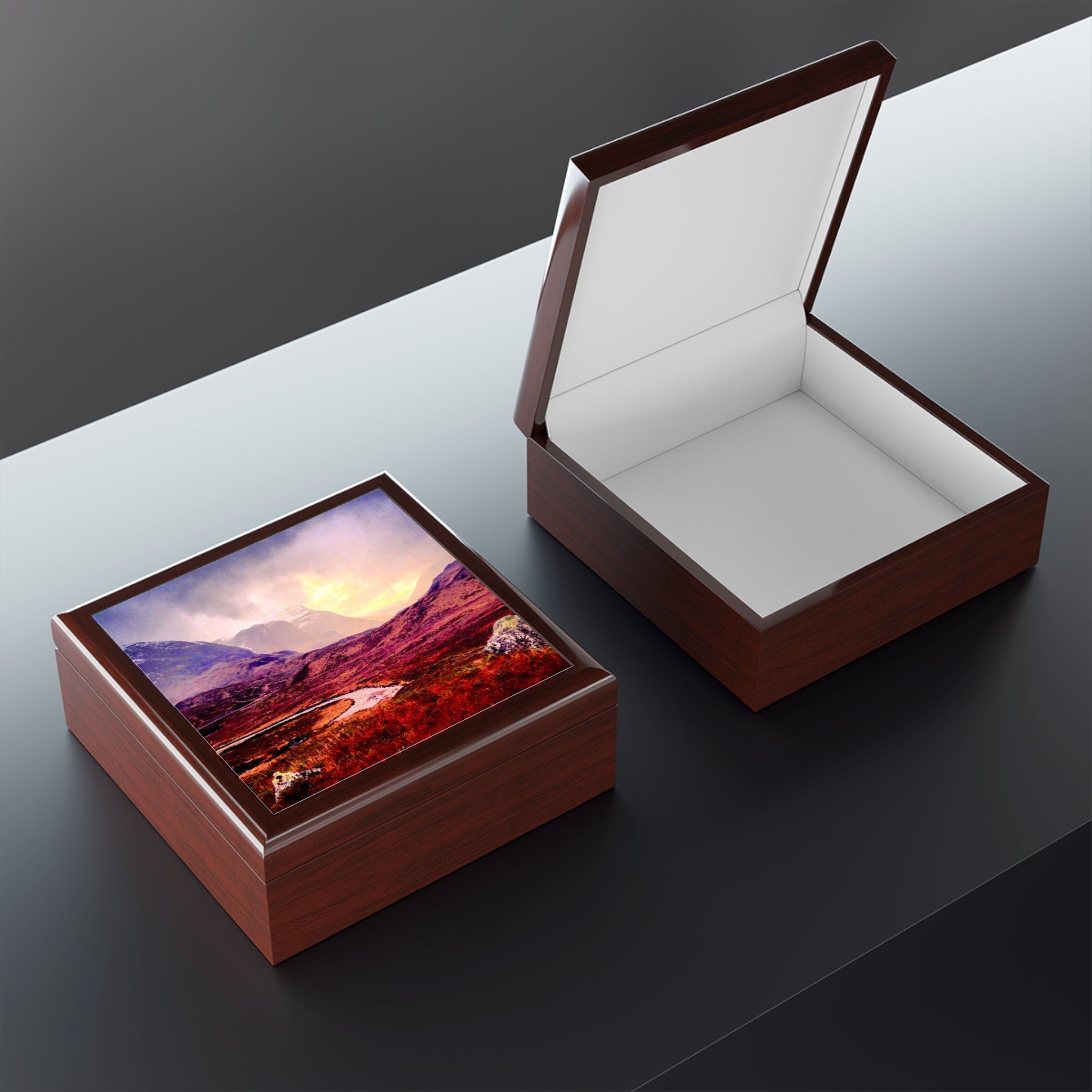 Open brown leather Glencoe jewelry box with landscape lid and white interior