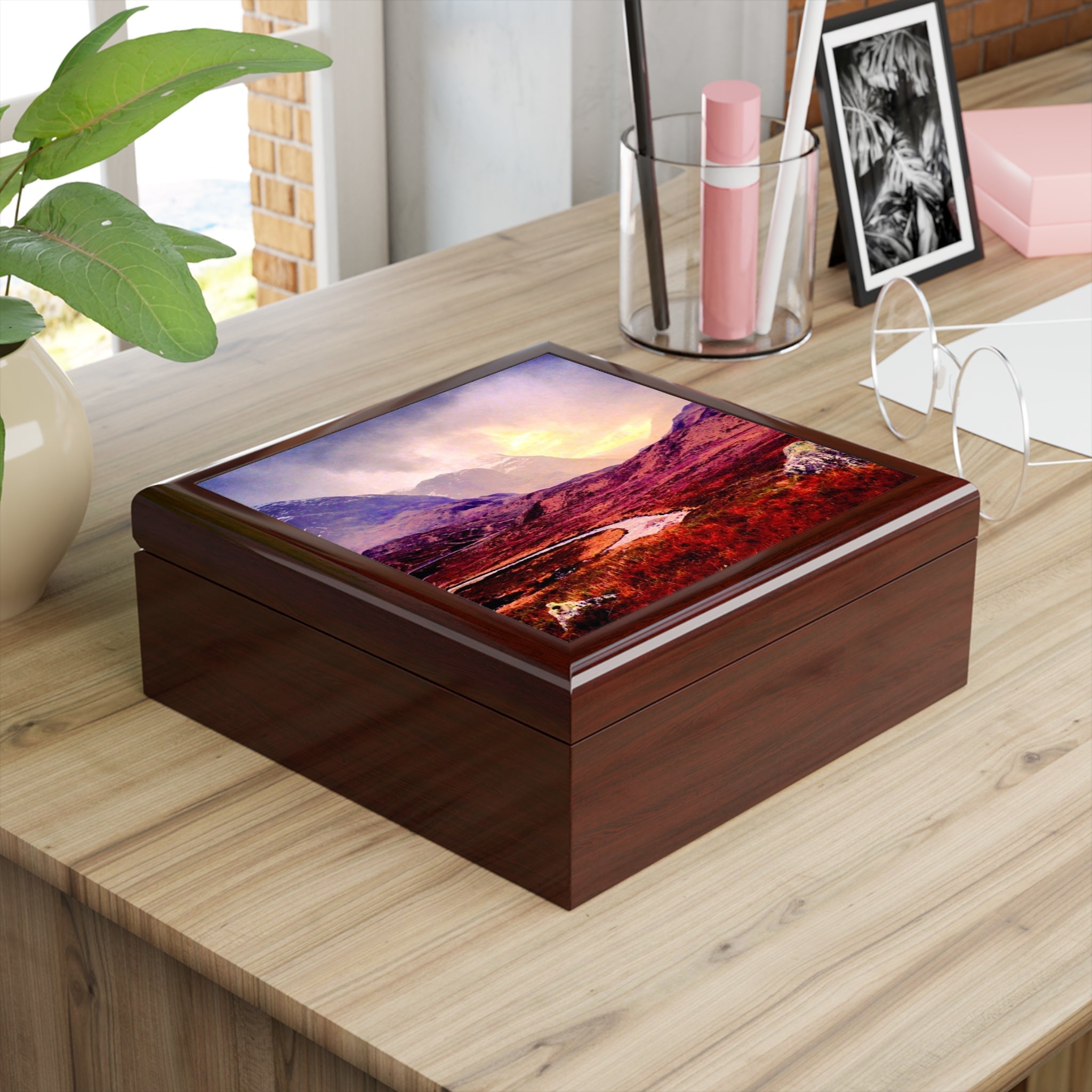 Dark brown wooden jewelry box with Glencoe Scotland mountain design and glass top