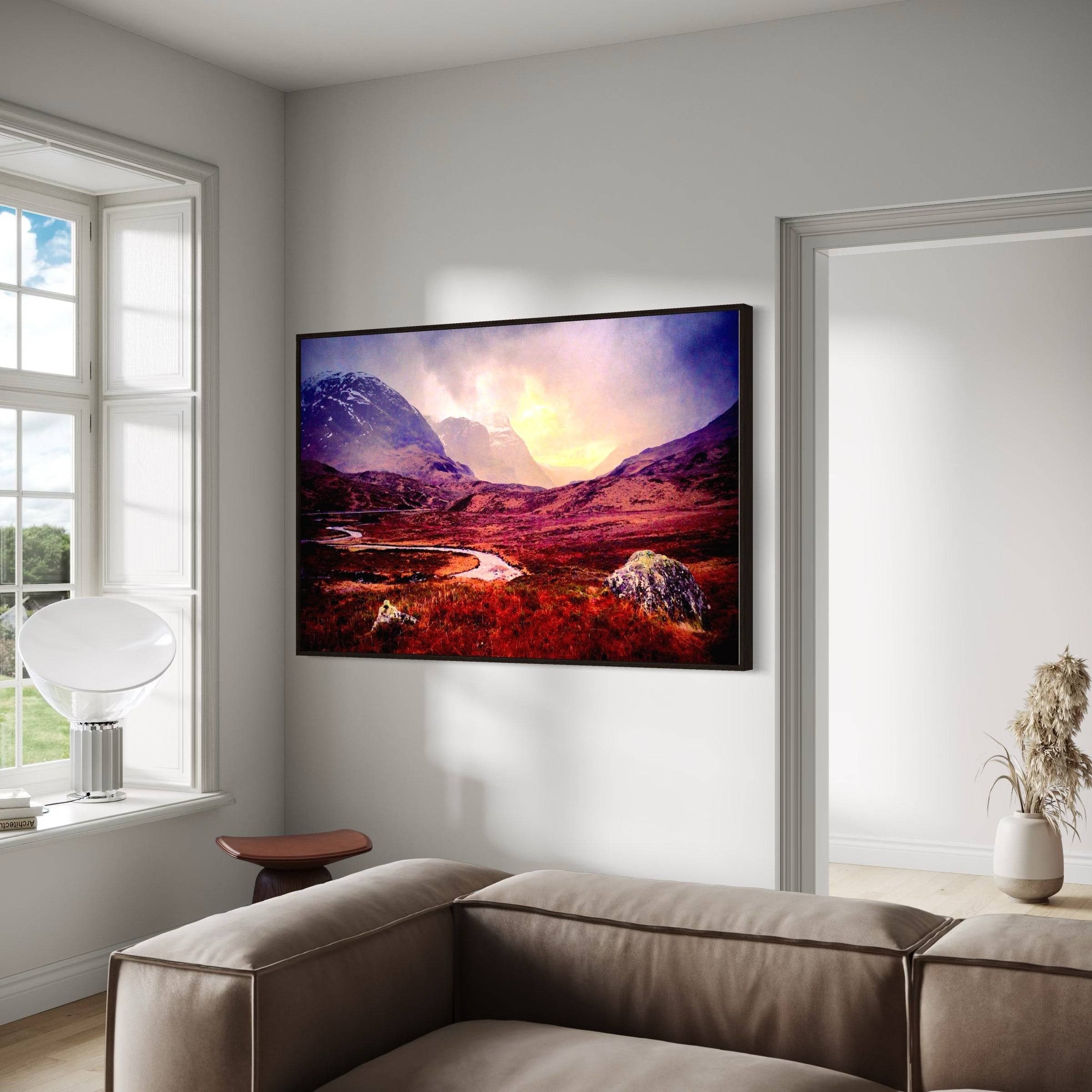 Wall-mounted smart TV showing vibrant landscape from Scotland’s Brooding Glencoe artwork