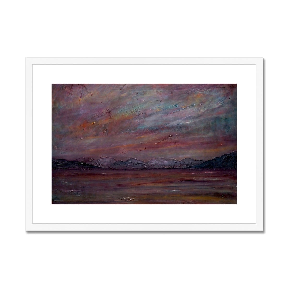 White framed abstract A Brooding Holy Loch print in muted earth tones