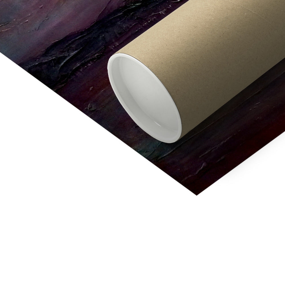 Brown cardboard tube with purple design for Brooding Holy Loch Hahnemühle print