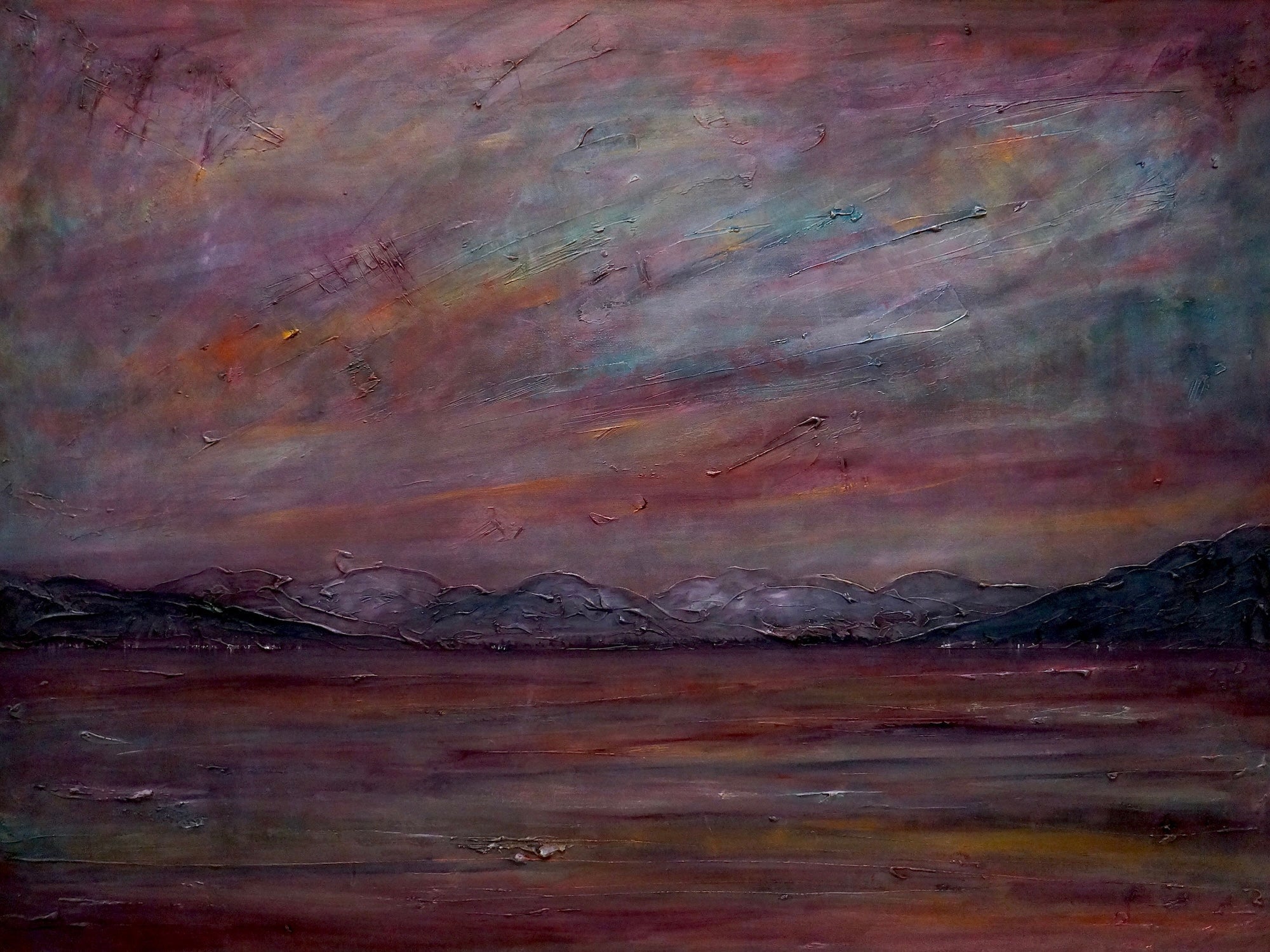 Expressive landscape painting of Holy Loch with mountains and dramatic colorful sky