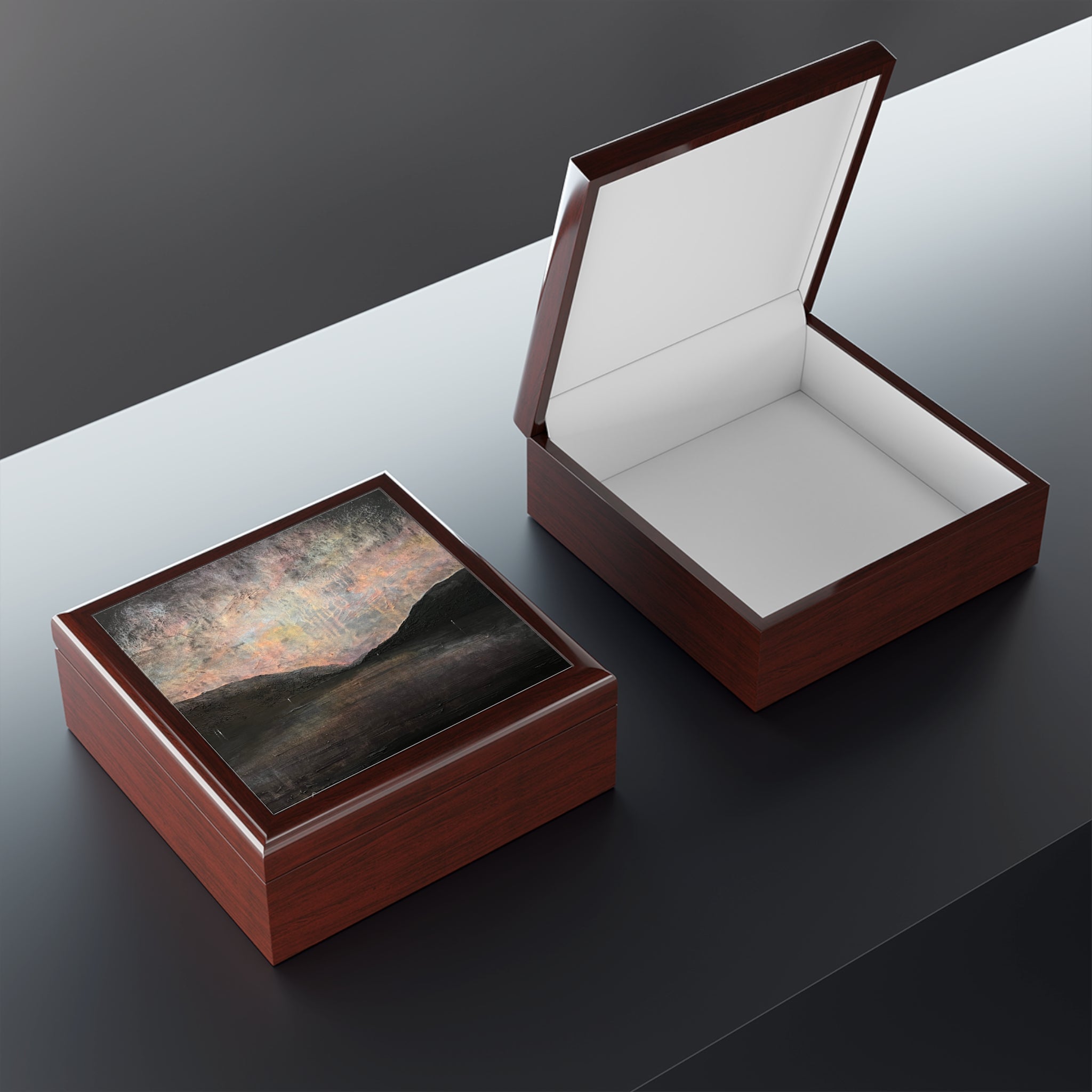 Open brown leather A Brooding Loch Lomond art jewellery box with starry night sky interior