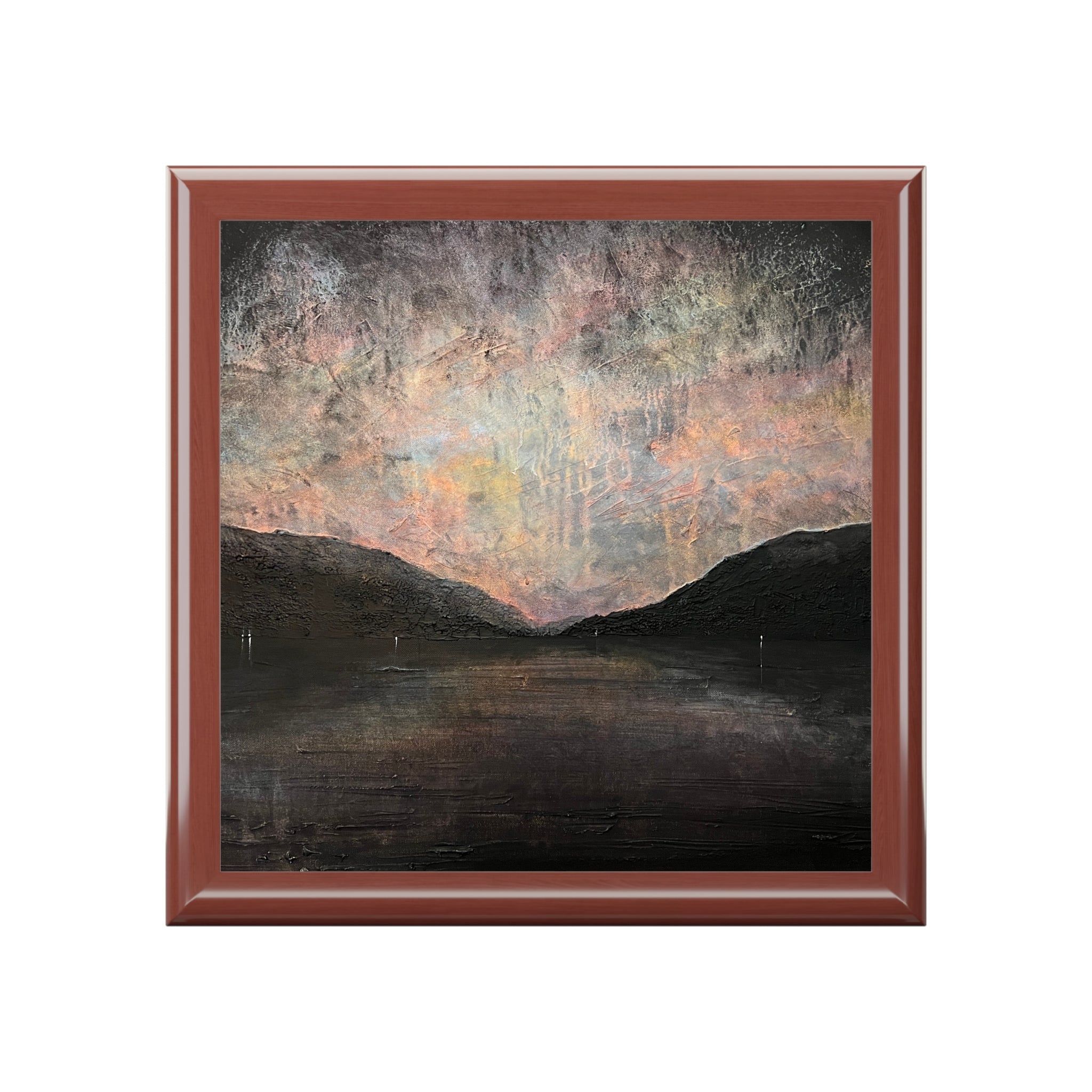 Brown wooden framed abstract Loch Lomond landscape painting in black gray tones