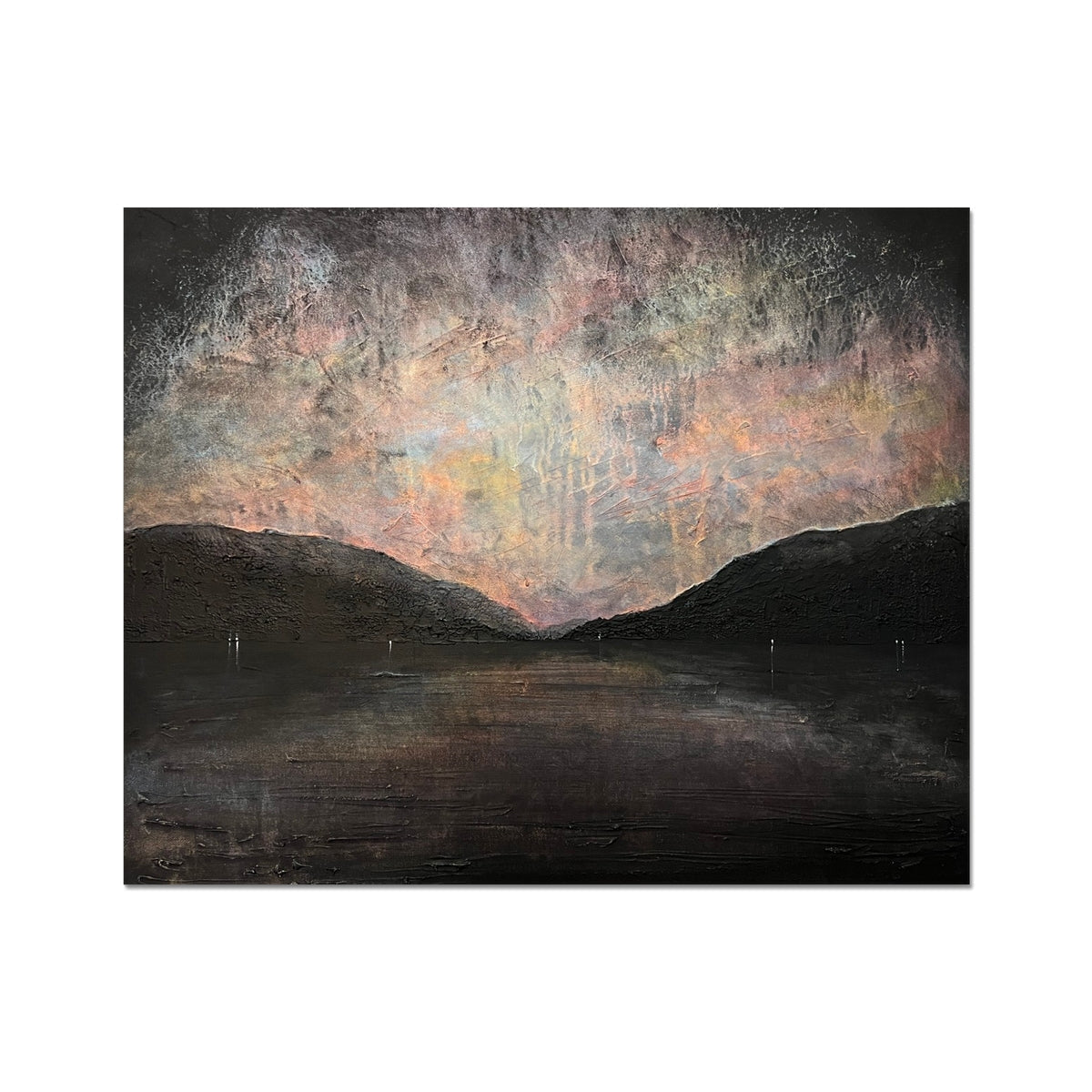 Abstract landscape wall art of Loch Lomond at dusk with muted earth tones and textured brushstrokes
