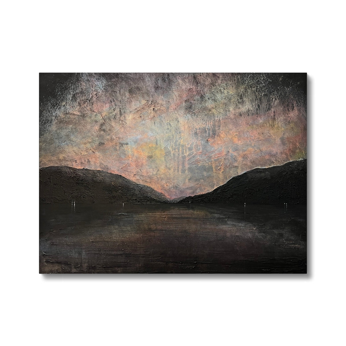 Black and white abstract landscape painting with textured background of Loch Lomond Canvas