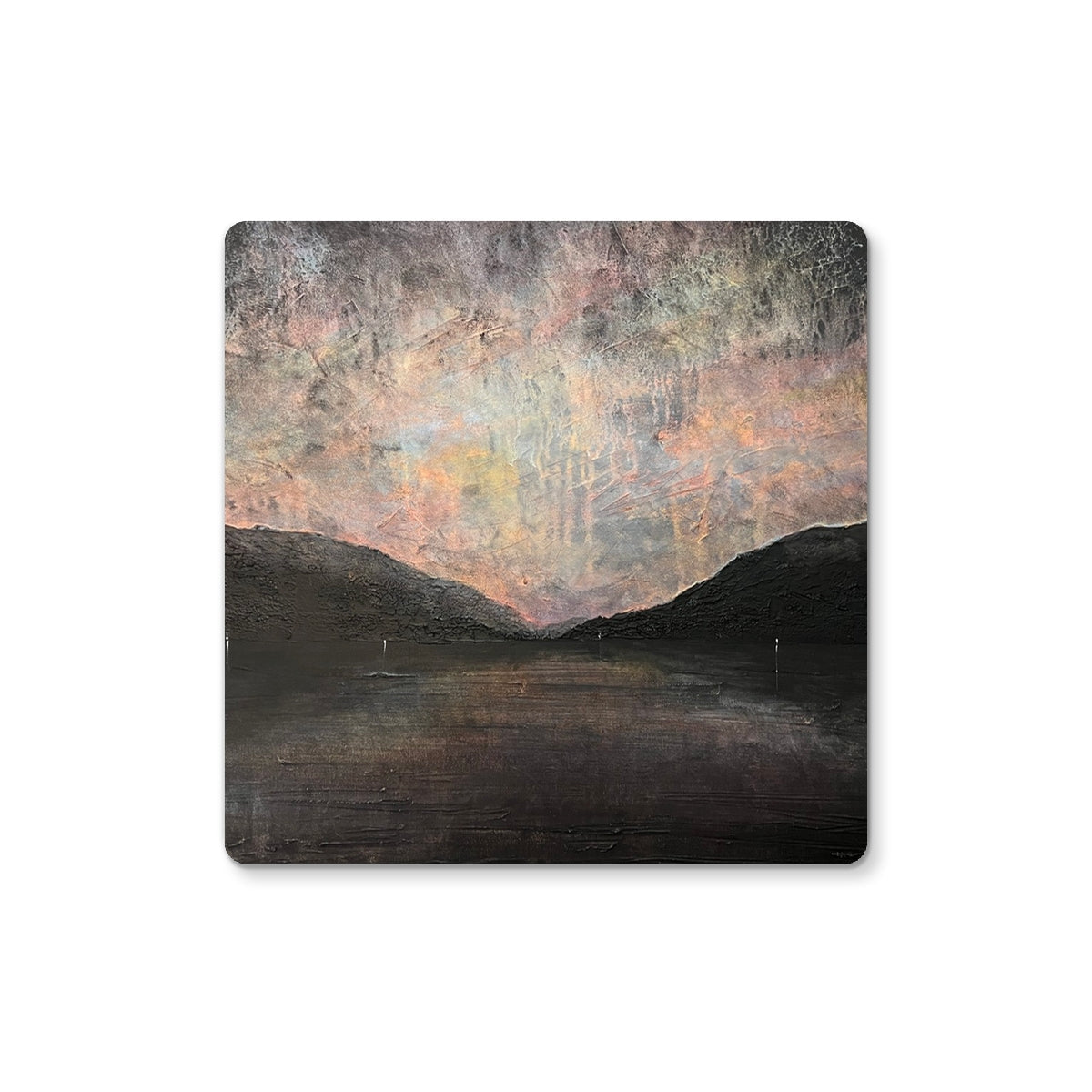 Abstract landscape coaster with textured surface in muted earth tones inspired by Loch Lomond