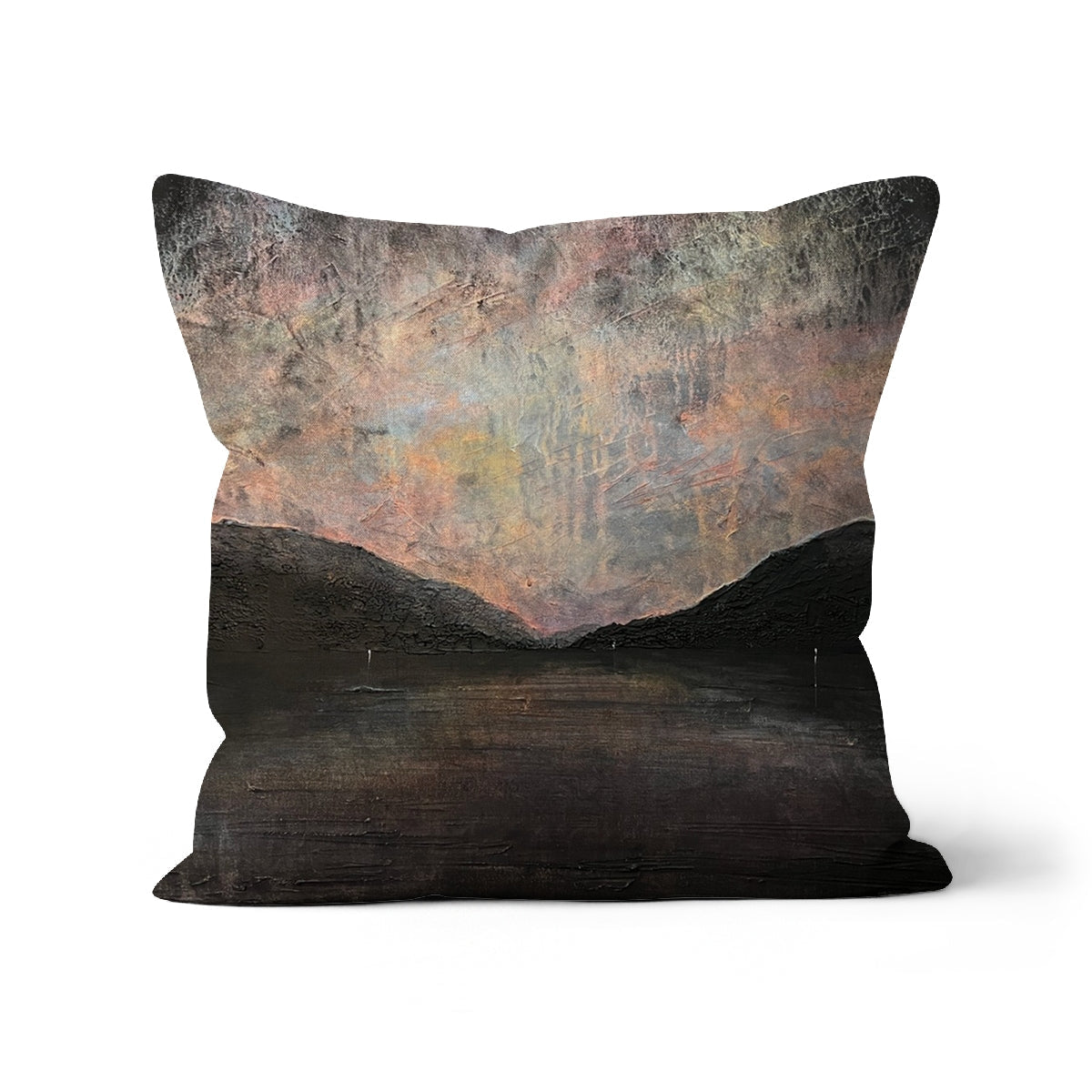 Brooding Loch Lomond Cushion with abstract design and textured earth-tone fabric