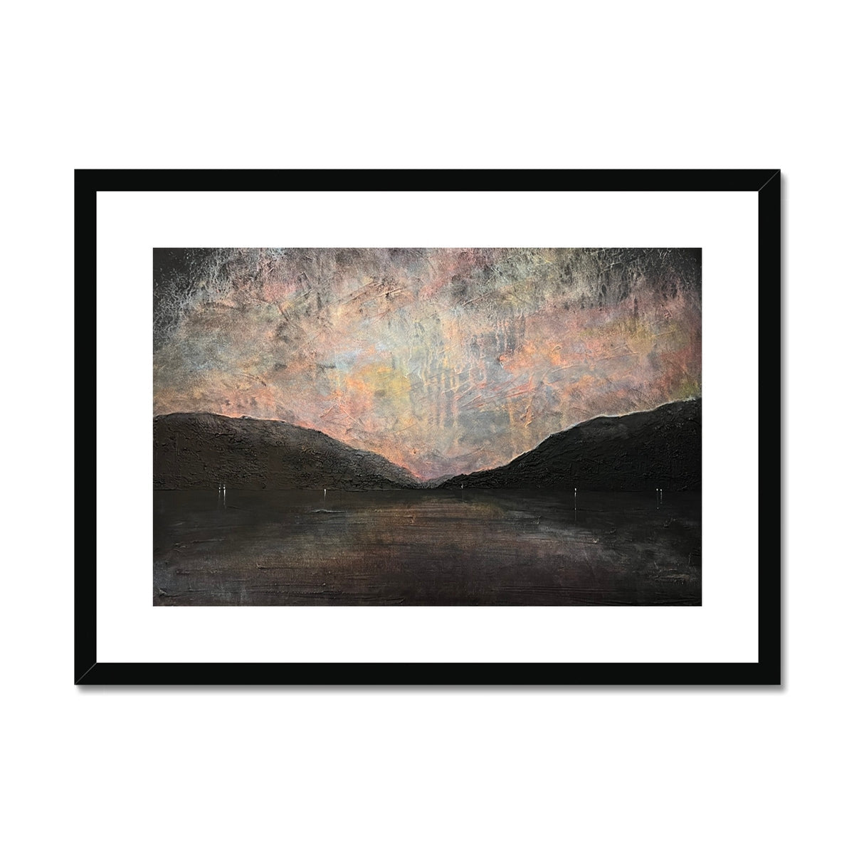 Black framed abstract landscape art print of Loch Lomond with textured surface in muted earth tones