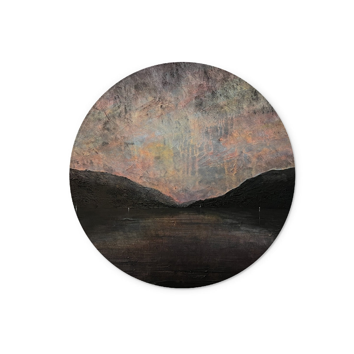 Round abstract painting with muted earth tones and textured brushstrokes on a Loch Lomond chopping board