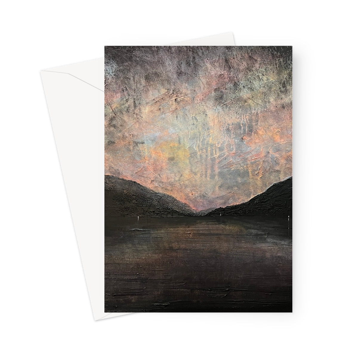 Abstract landscape greeting card with muted earth tones and textured surface featuring Loch Lomond