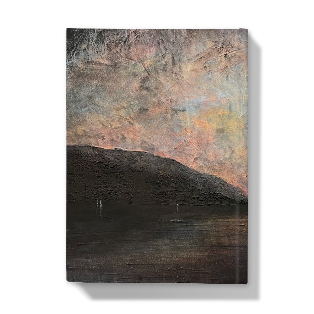 Canvas print of a mountain landscape with muted earth tones on the Brooding Loch Lomond Hardback Journal