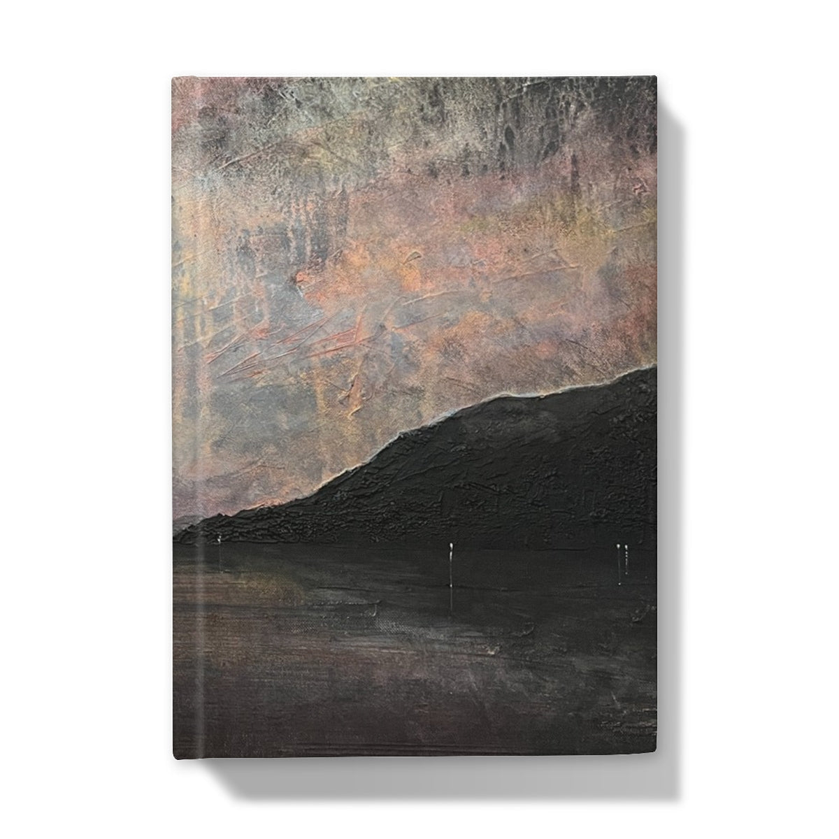 Black mountain landscape canvas wall art with textured surface and muted earth tones for Loch Lomond journal