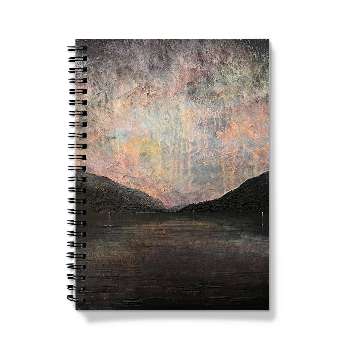 Spiral-bound Loch Lomond notebook with abstract landscape cover in muted earth tones