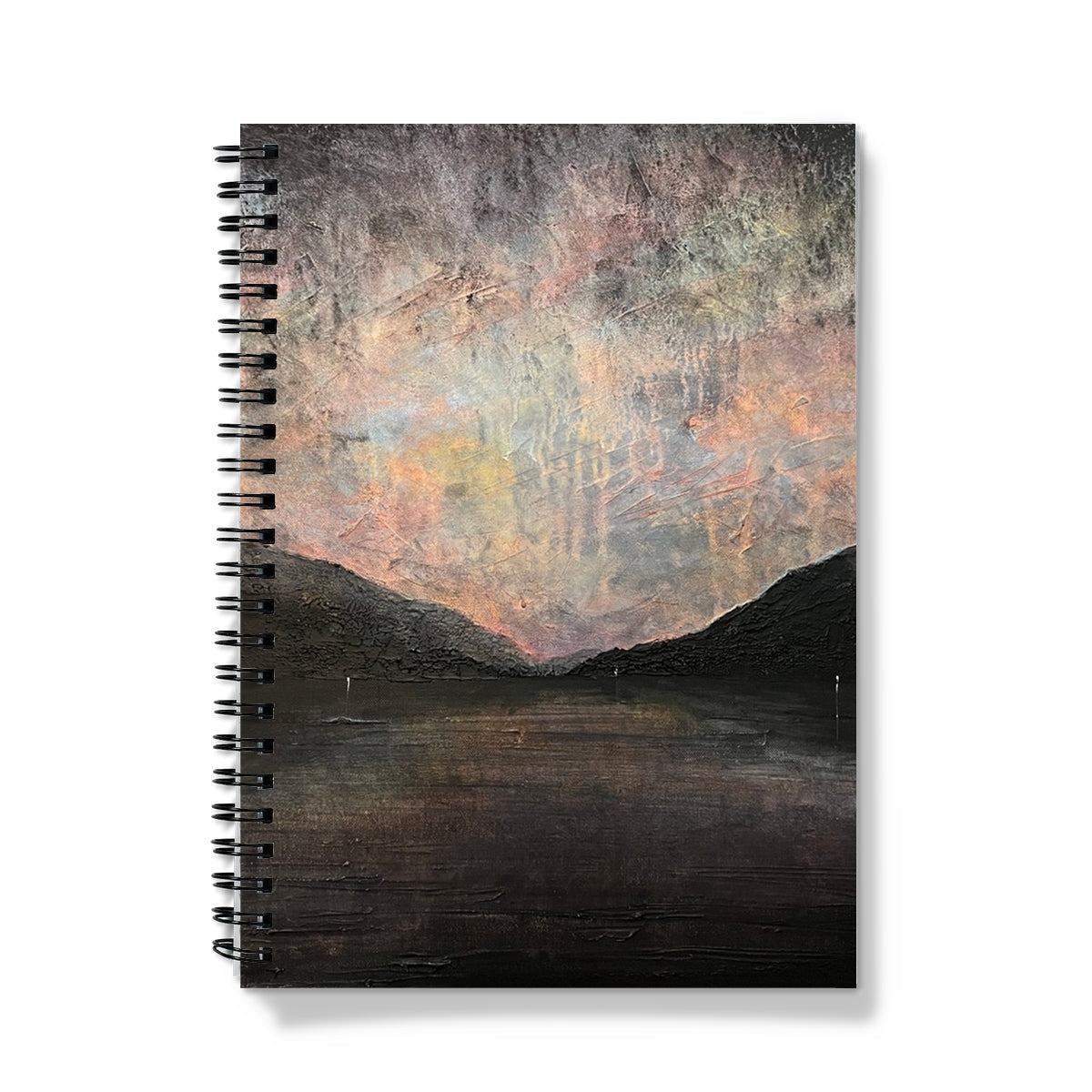 Spiral-bound Loch Lomond Notebook with abstract landscape cover in muted earth tones