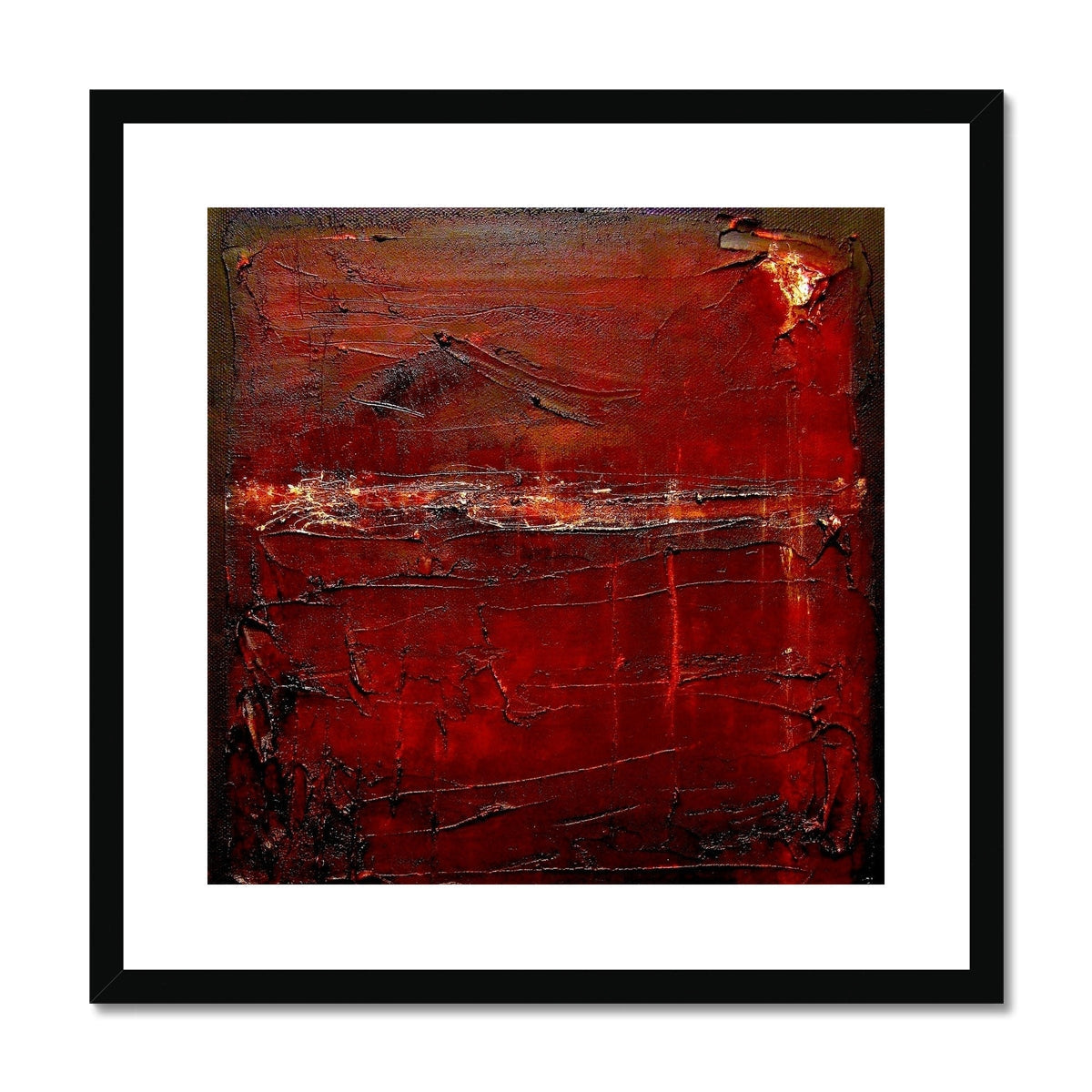 Red abstract painting in black frame, Brooding Loch Rannoch art print