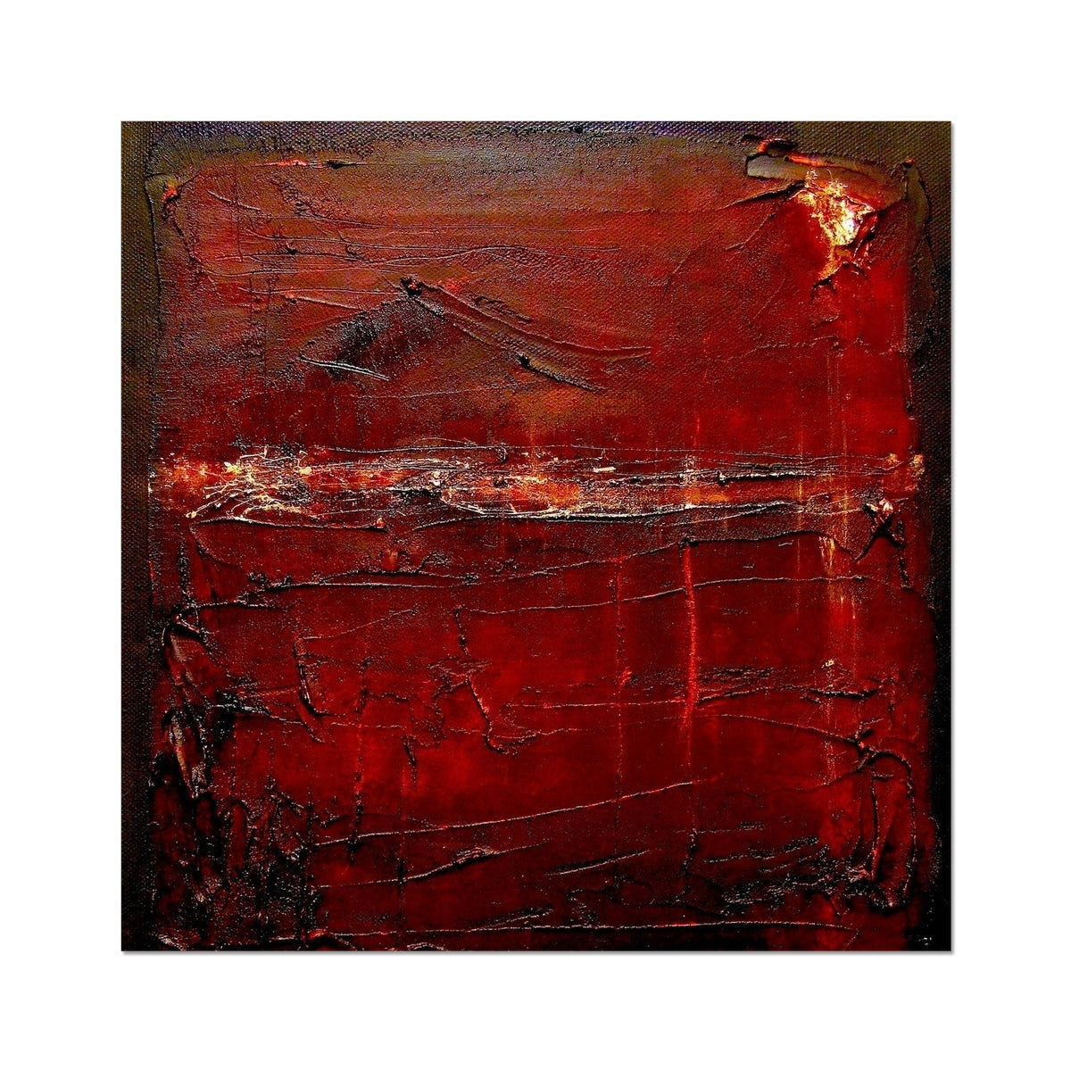 Red abstract textured painting with metallic accents, Brooding Loch Rannoch artist proof print